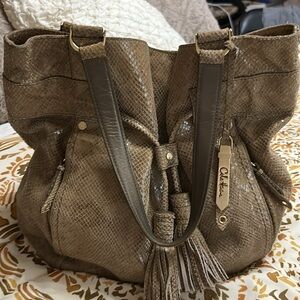 Cole Haan snakeskin tan suede large shoulder bag.